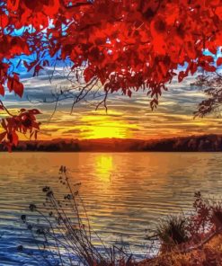 Autumn Sunset Tree Leaves Diamond Painting