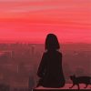 Cat And Girl Silhouette With Pink Sky Diamond Painting