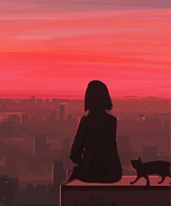 Cat And Girl Silhouette With Pink Sky Diamond Painting