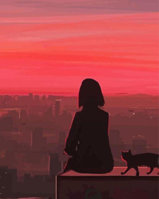 Cat And Girl Silhouette With Pink Sky Diamond Painting