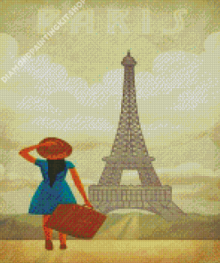 Girl With Travel Suitcase In Paris Diamond Painting