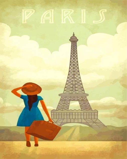 Girl With Travel Suitcase In Paris Diamond Painting