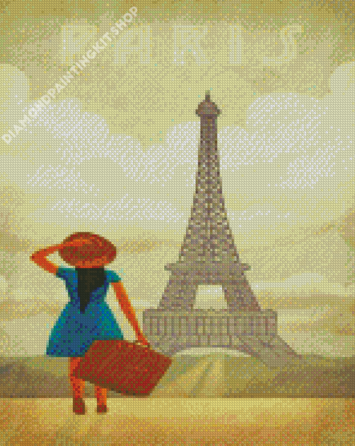 Girl With Travel Suitcase In Paris Diamond Painting