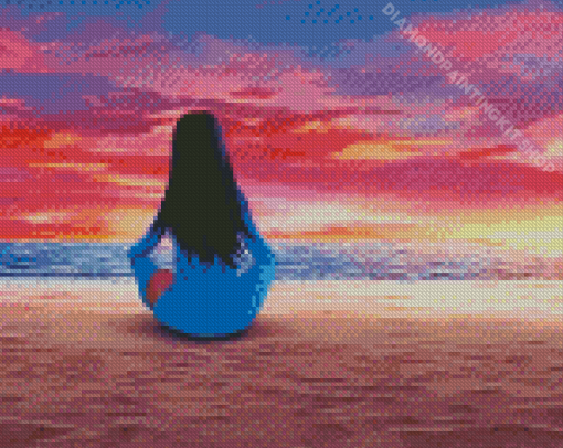 Girl On Sand Watching The Sunset Diamond Painting