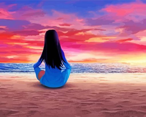 Girl On Sand Watching The Sunset Diamond Painting