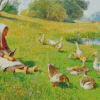 Girl With Geese By River Diamond Painting