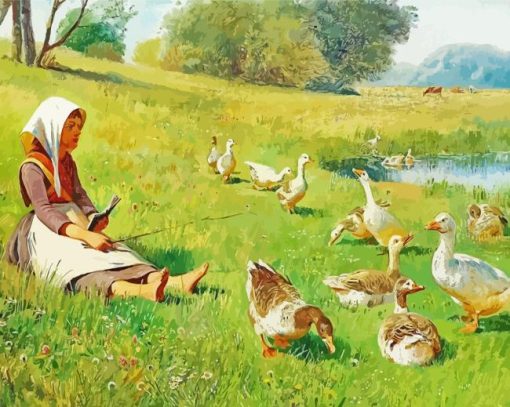 Girl With Geese By River Diamond Painting