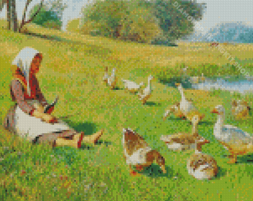 Girl With Geese By River Diamond Painting