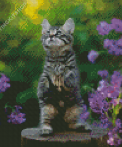 Purple Flowers Cat Diamond Painting