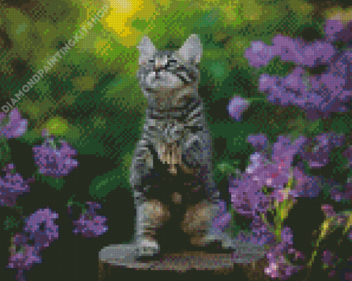 Purple Flowers Cat Diamond Painting