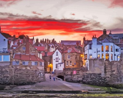 Red Sunset Robin Hood Bay England Diamond Painting