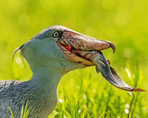 Shoebill Stork Eating Fish Diamond Painting