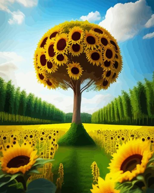 Sunflower Field Tree Diamond Painting