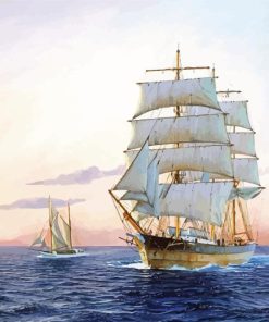 White Ships Sailing At Sunset Diamond Painting