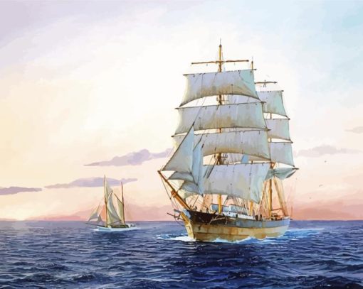 White Ships Sailing At Sunset Diamond Painting