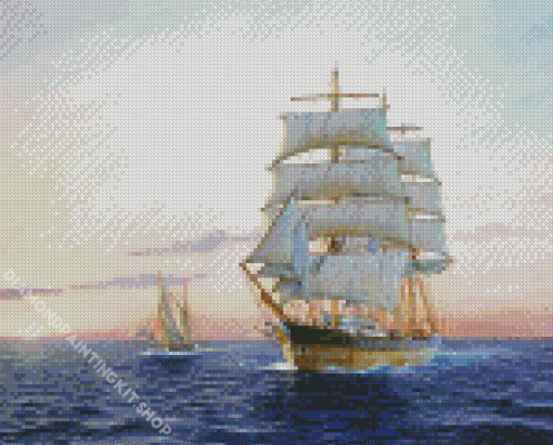 White Ships Sailing At Sunset Diamond Painting