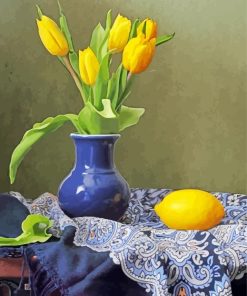 Yellow Tulip In Blue Vase And Lemon Diamond Painting