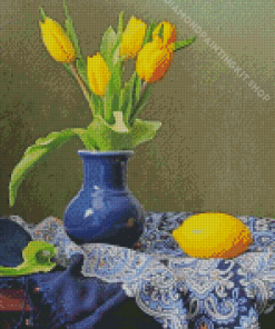 Yellow Tulip In Blue Vase And Lemon Diamond Painting