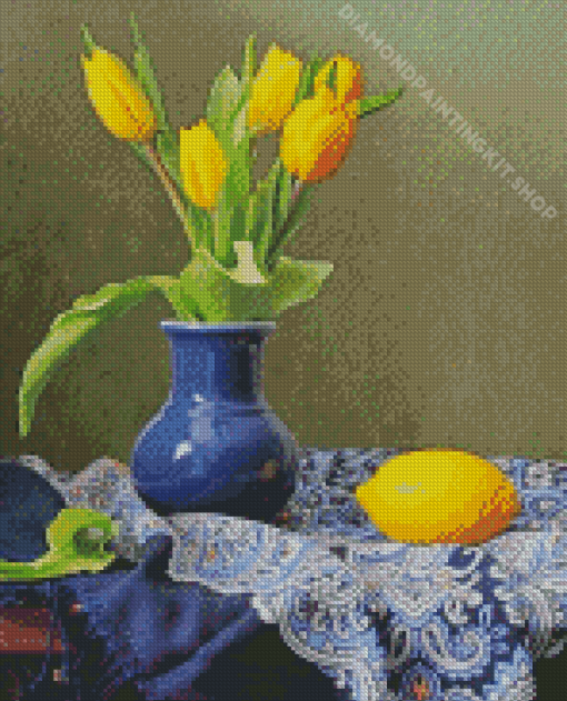 Yellow Tulip In Blue Vase And Lemon Diamond Painting