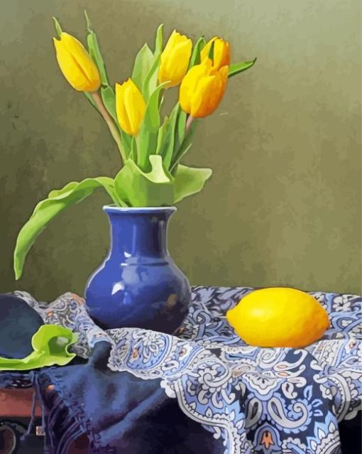 Yellow Tulip In Blue Vase And Lemon Diamond Painting