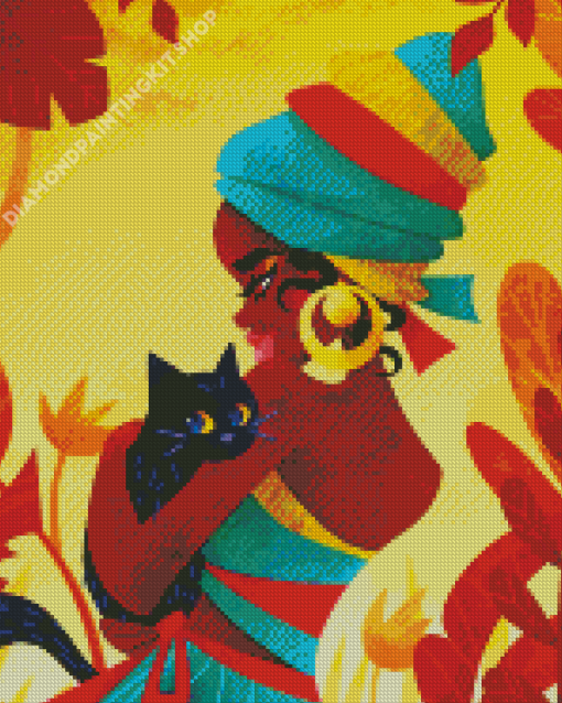 Young African Woman With Cat Diamond Painting