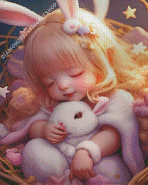 Baby Girl And White Bunny Diamond Painting