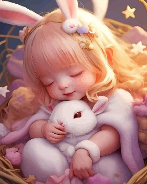 Baby Girl And White Bunny Diamond Painting