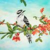 Downy Woodpecker Bird And Flowers Birch Diamond Painting