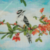 Downy Woodpecker Bird And Flowers Birch Diamond Painting