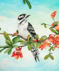 Downy Woodpecker Bird And Flowers Birch Diamond Painting