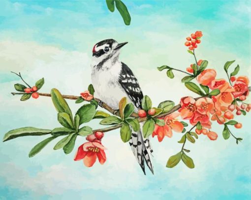 Downy Woodpecker Bird And Flowers Birch Diamond Painting