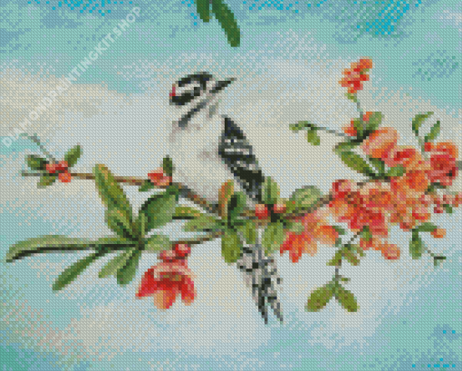 Downy Woodpecker Bird And Flowers Birch Diamond Painting