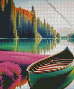 Green Canoe On Beautiful Lake Diamond Painting