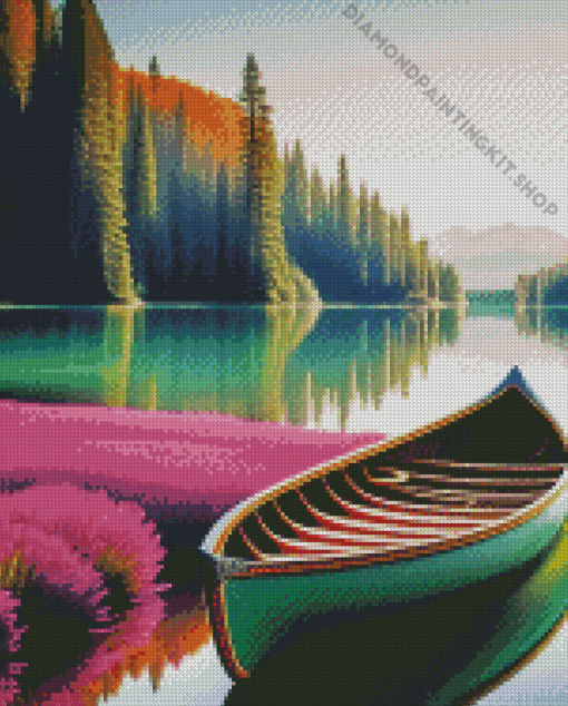 Green Canoe On Beautiful Lake Diamond Painting