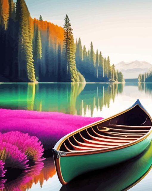 Green Canoe On Beautiful Lake Diamond Painting