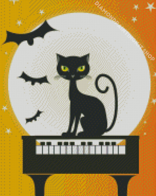 Halloween Cat And Piano Diamond Painting