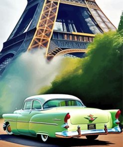 Vintage Green Car And Eiffel Tower Diamond Painting