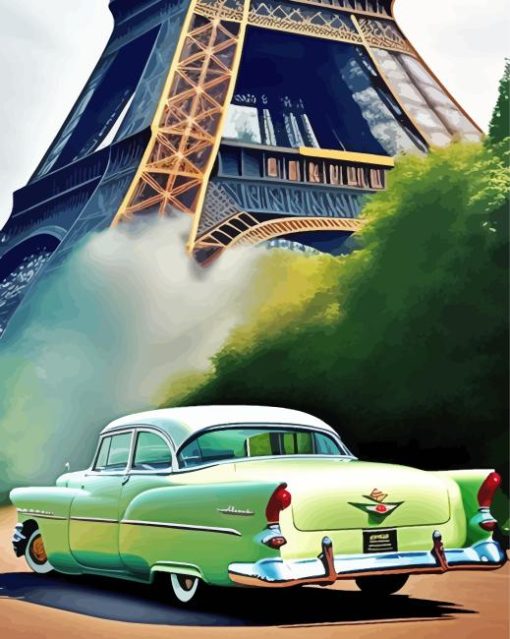 Vintage Green Car And Eiffel Tower Diamond Painting