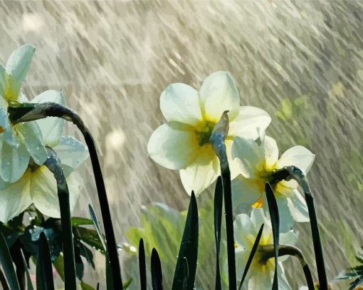 White Flowers In Rainy Spring Day Diamond Painting