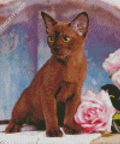 Burmese Cat And Pink Roses Diamond Painting