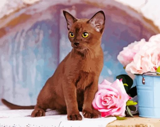 Burmese Cat And Pink Roses Diamond Painting