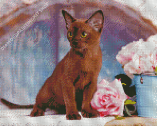 Burmese Cat And Pink Roses Diamond Painting