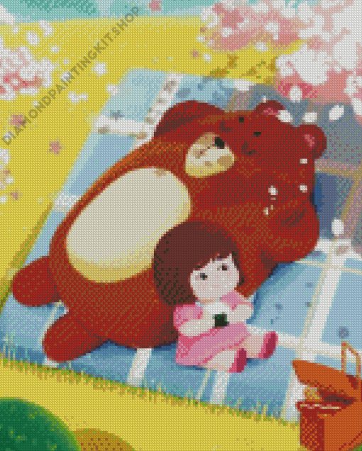 Little Girl With The Bear In Picnic Diamond Painting