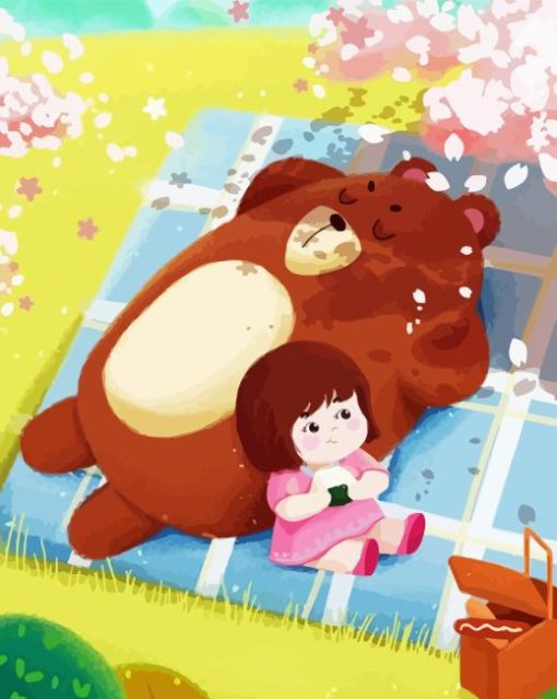 Little Girl With The Bear In Picnic Diamond Painting