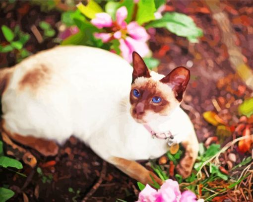 Siamese Oriental Cat With Pink Flowers Diamond Painting