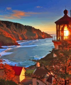 Sunset Over Oregon Lighthouse Diamond Painting