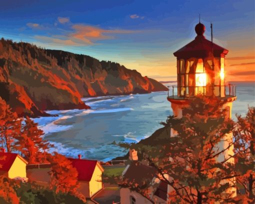 Sunset Over Oregon Lighthouse Diamond Painting