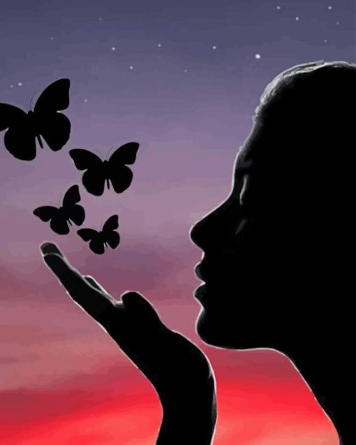 Butterflies And Woman Sunset Silhouette Diamond Painting