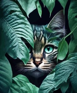 Bengal Cat Behind Leaves Diamond Painting