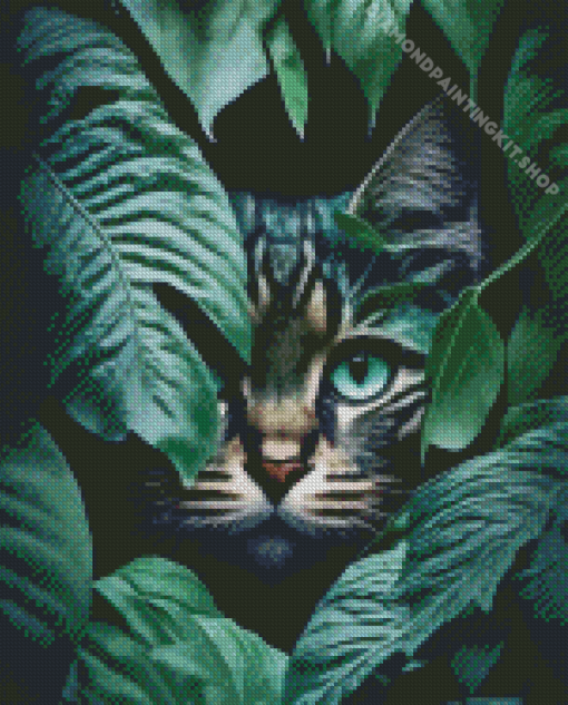 Bengal Cat Behind Leaves Diamond Painting